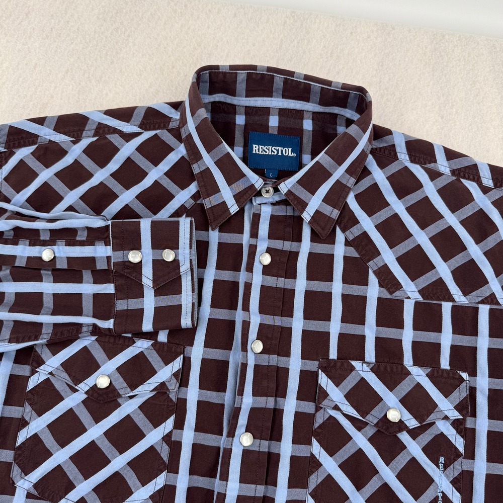 Resistol Mens L Western Pearl Snap Long Sleeve Button Down Brown/Blue Plaid